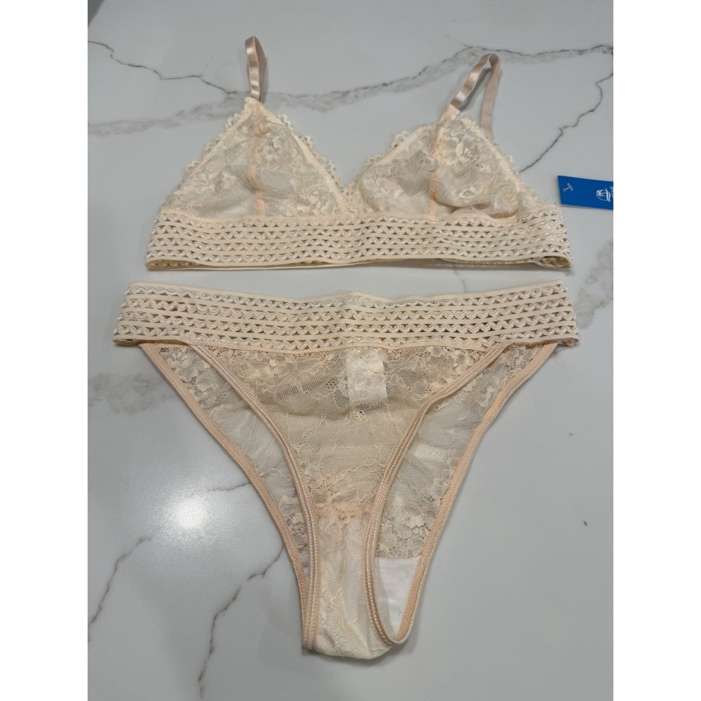 Beige Lace Bralette Set Cupshe Large Sheer Lingerie Neutral Boho NWT